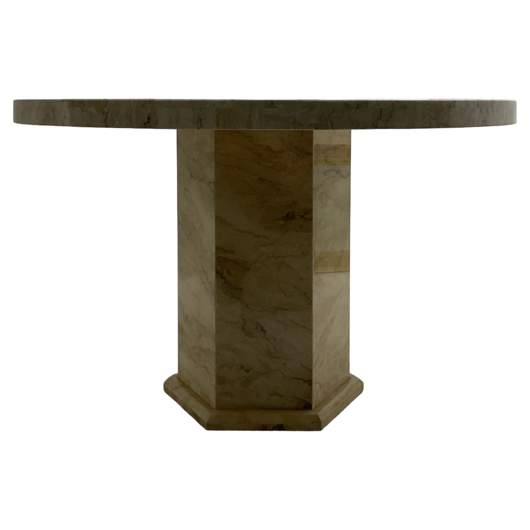 Classical design marble dining or centre table, circular top raised on hexagonal pedestal base