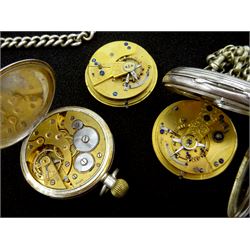 Edwardian silver fusee lever pocket watch by Bravingtons, case by William Ehrhardt, Birmingham 1912, on silver Albert chain, Victorian silver fusee lever pocket watch, case by James Walker, London 1861, on nickle plated chain, silver keyless lever pocket watch, and a silver manual wind wristwatch, London import marks 1913