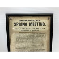 Two 19th century Beverley Race posters - 11th/12th May 1842 with vignette of a horse race 35 x 23cm; and 17th March 1854; each in ebonised frame; together with 'Notice of Poll .... Beverley No.5 Ward' 6th May 1976 78 x 43cm in mahogany stained frame (3)
