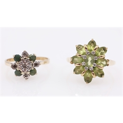 Peridot and diamond flower cluster gold ring hallmarked 9ct and an emerald and diamond flower cluster gold ring hallmarked 9ct