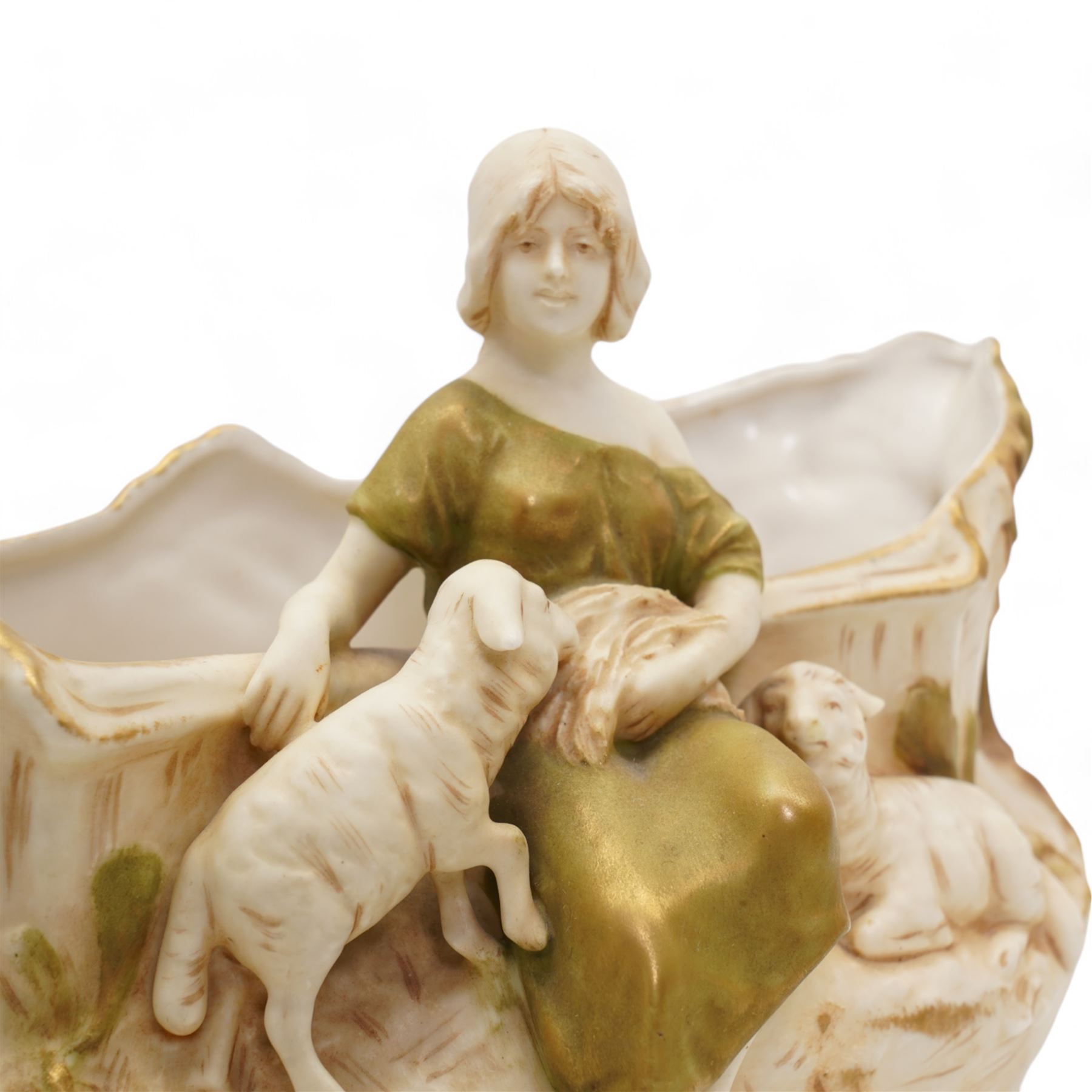 Pair of Royal Dux male and female figures holding doves, H24cm and smaller and a Royal Dux figural planter, modelled as a young shepherdess with lambs, H18cm (3)