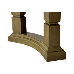 Brunswick - washed oak finish extending dining table, rectangular top with curved ends and carved frieze, central extension leaf, raised on twin pedestals with arched plinth bases and square-sectioned column supports; set of eight (6+2) high-back dining chairs upholstered in beige velvet fabric