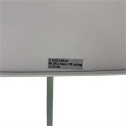 Contemporary Anglepoise-style industrial floor lamp, pale blue painted domed metal shade on adjustable double arm with tension springs, set on a weighted circular base