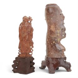 Chinese Shoushan carved and polished soapstone figure group, modelled as two men, together with Shou Lao carving and one other, largest H25cm 