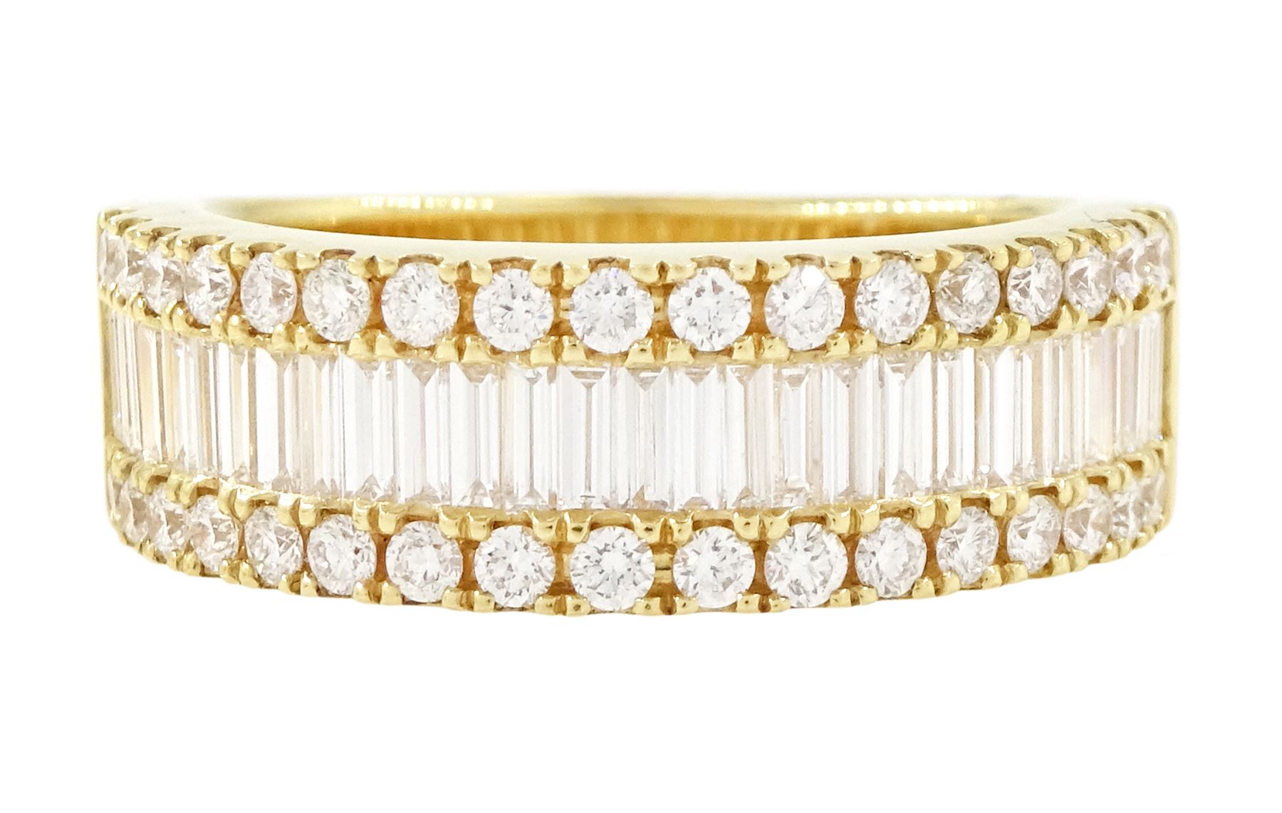 18ct gold diamond three row half eternity ring, single row of baguette cut diamonds, with round brilliant cut diamonds set either side, stamped 750, total diamond weight approx 3.00 carat