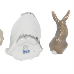 Royal Copenhagen, five figures including Owl 155, Snowman 017, Rabbit 154 etc, together with Royal Dux cockatoo