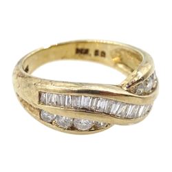 9ct gold round brilliant cut and baguette cut diamond crossover ring, hallmarked, total diamond weight 0.60 carat