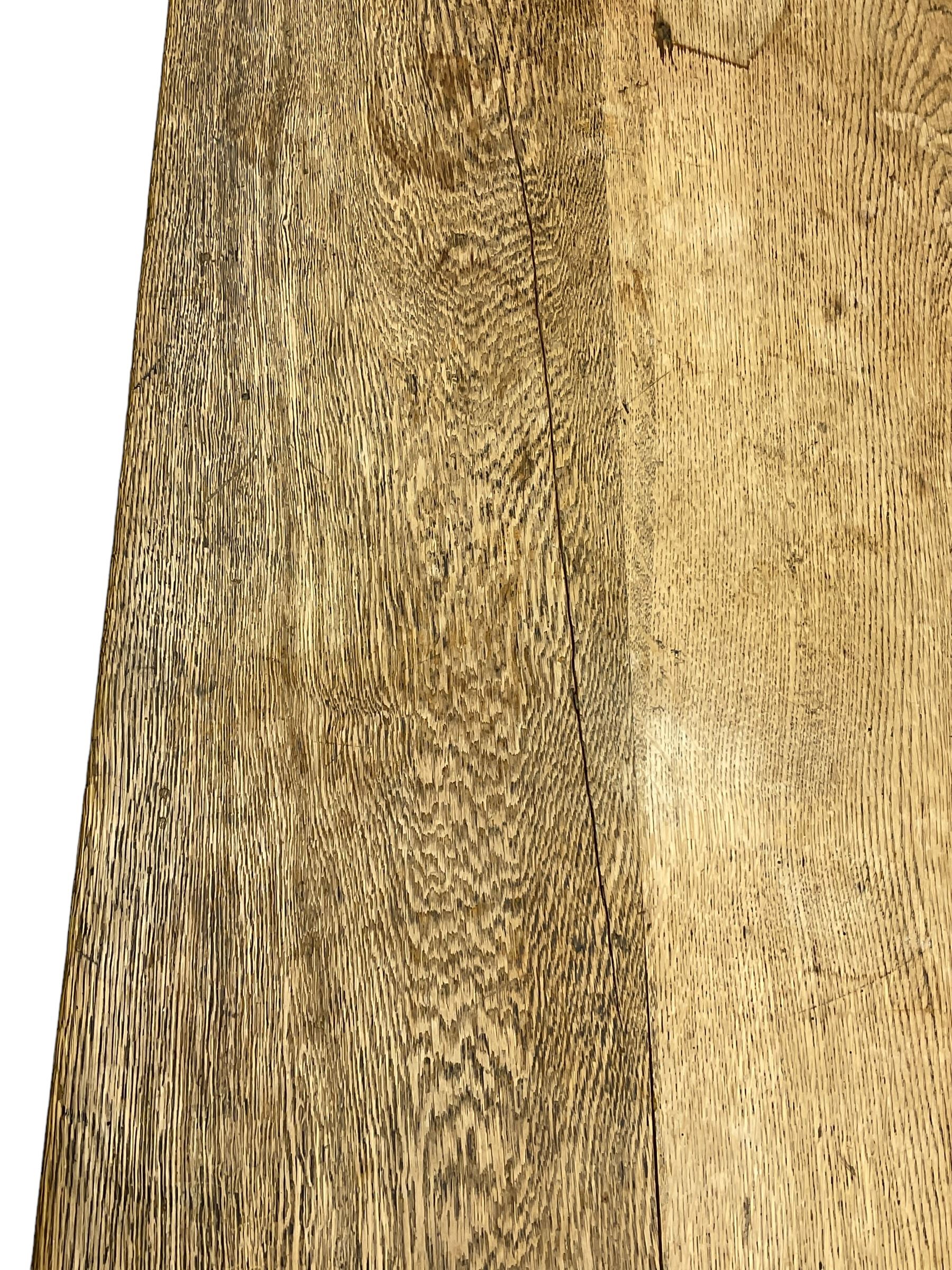 20th century oak refectory dining table, rectangular three plank top, on chamfered square supports 