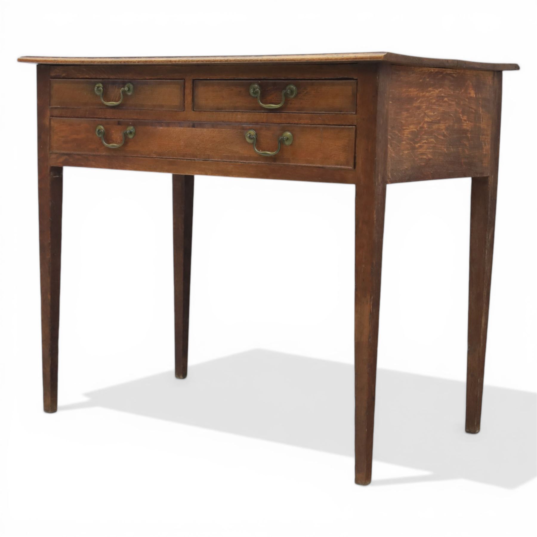 George III oak side table, with rectangular banded top, fitted with two short over three drawers, with brass swan neck handles, raised on square tapering supports
