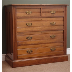  Edwardian walnut chest, two short and three long drawers, plinth base on castors, W103cm, H107cm, D50cm  