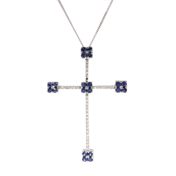 18ct white gold sapphire and diamond cross pendant necklace, stamped 750
