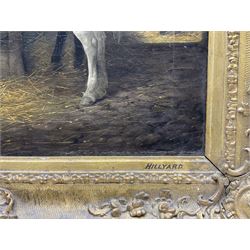 Hillyard (British 19th Century): Grey Hunter in a Stable - Horse Portrait, oil on canvas unsigned, attributed on the mount, in heavily ornamented swept gilt frame, 41cm x 51cm 