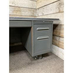 Art Metal, London - mid-20th century industrial metal twin pedestal desk, fitted with five drawers and two slides