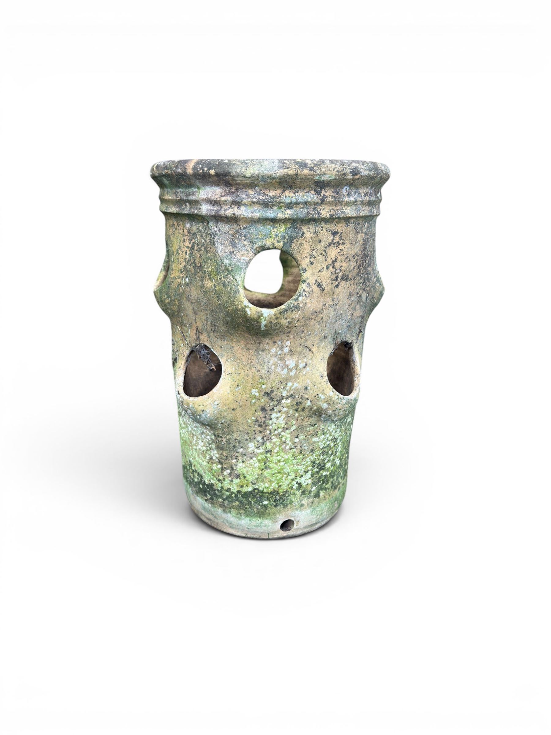 Set of five weathered terracotta strawberry pots, circular form with ribbed top