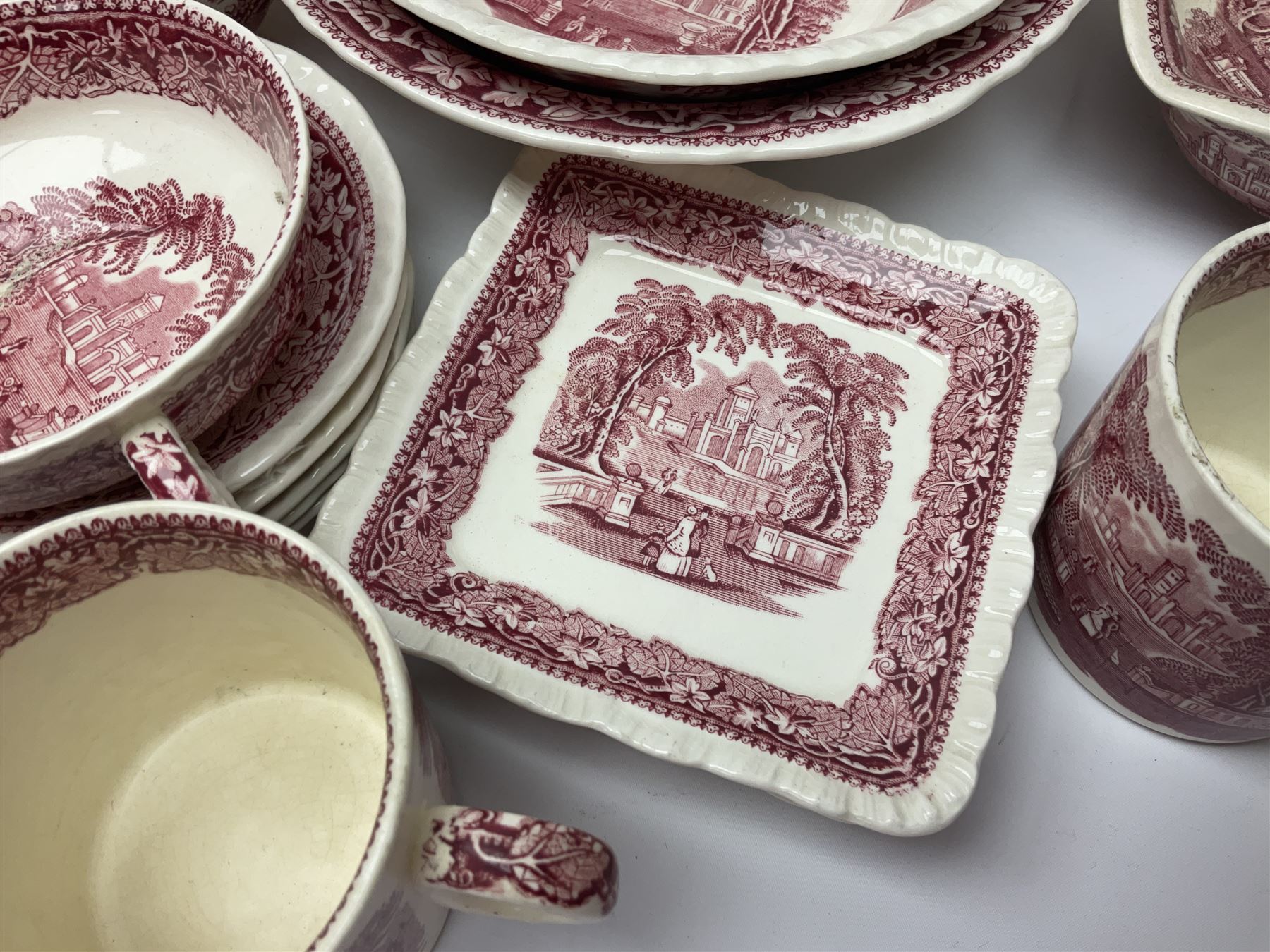 Masons Vista pattern ceramics, including coffee pot, sauce boat, twin handled jar and cover, teapots, mugs, etc 