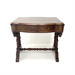 Victorian mahogany drop leaf table, serpentine moulded top, turned shaped reeded supports, turned stretcher 