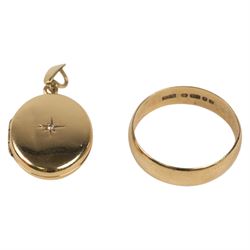 9ct gold diamond set locket and a 9ct gold wedding band, both hallmarked