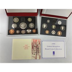 Thirteen The Royal Mint United Kingdom proof coin collections, dated 1985, 1986, 1988, two 1989, 1990, two 1991, 1995, 1996 and 1997, with certificates, 2002 and 2004 without certificates, all in red folders