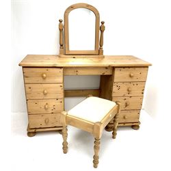 Solid pine twin pedestal dressing table, eight drawers, turned supports (W127cm, H77cm, D49cm) with swing mirror and stool (3)