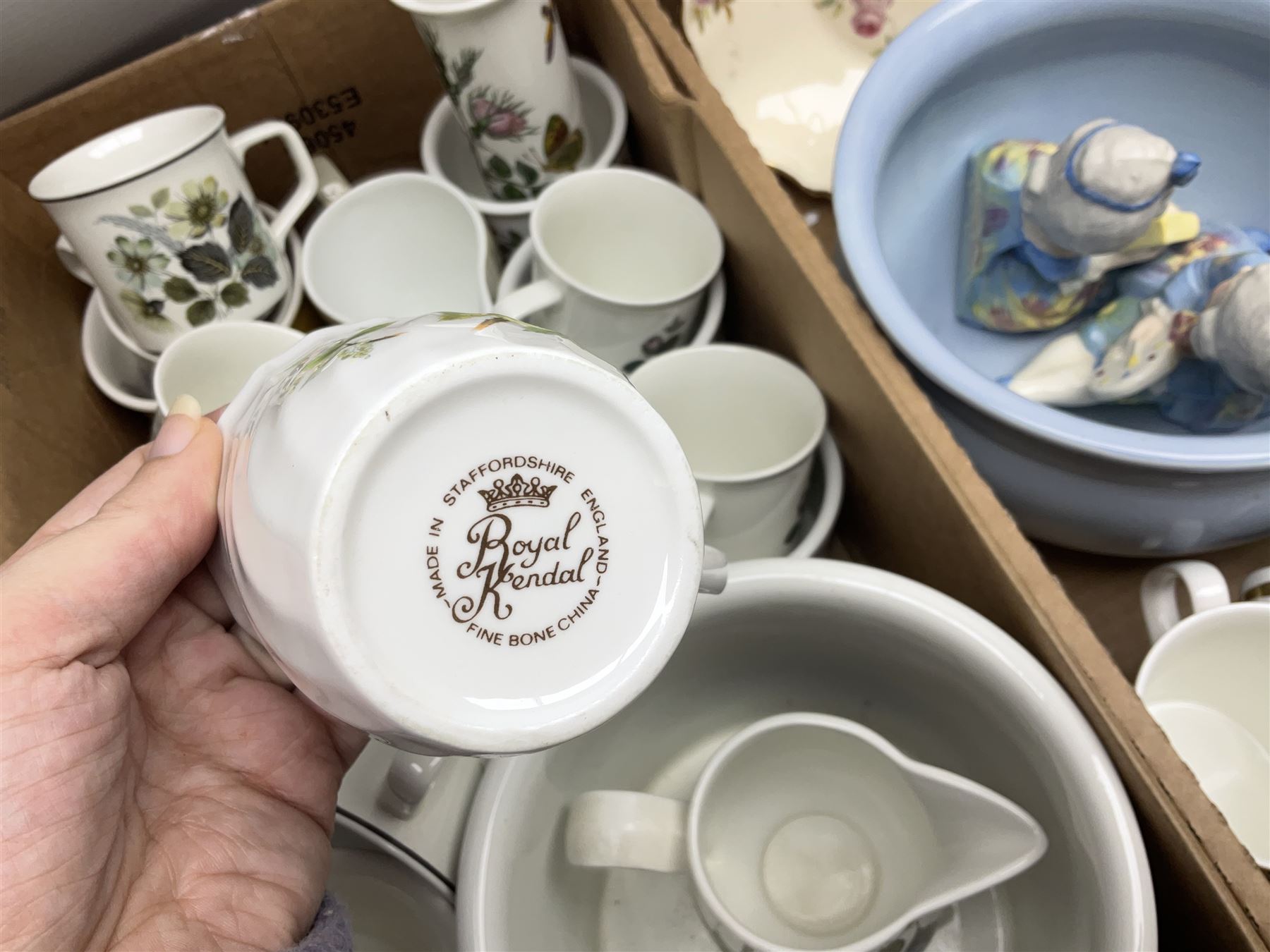 Large collection of ceramics to include God Speed the Plough loving cup, Denby, Coalport, Portmeirion, quantity of mugs etc in four boxes