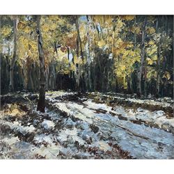 Alfred Whitehead (Canadian 1887-1978): Snowy Forest, oil on board signed 24cm x 29cm
