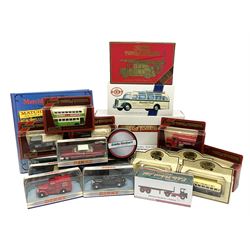Matchbox - 1929 Scammell 100 ton truck with GER 2-4-0 locomotive; 1936 Leyland Cub Fire-Engine; five Models of Yesteryear; six Dinky Collection vehicles; and Matchbox reference book; together with three Atlas Eddie Stobart vehicles; and three Lledo promotional models; all boxed 