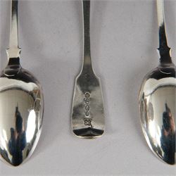 Set of twelve Victorian Exeter silver Fiddle pattern teaspoons, all with engraved initials to terminal, hallmarked Josiah Williams & Co, Exeter 1860, contained within tooled leather case with burgundy silk and velvet lined interior