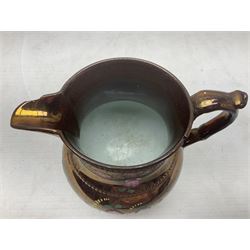 Early 20th century Sunderland lustre jug, decorated with transfer Masonic scene and poem 'The World is in Pain/Our Secrets to Gain/But Still Let Them Wonder and Gaze/The Never Can Divine/The World Nor The Sign/Of a Free and Accepted Mason', the reverse decorated with Sunderland River Wear cast iron bridge scene below text (a/f), together with a copper lustre jug, and pink lustre bowl, jug H20cm