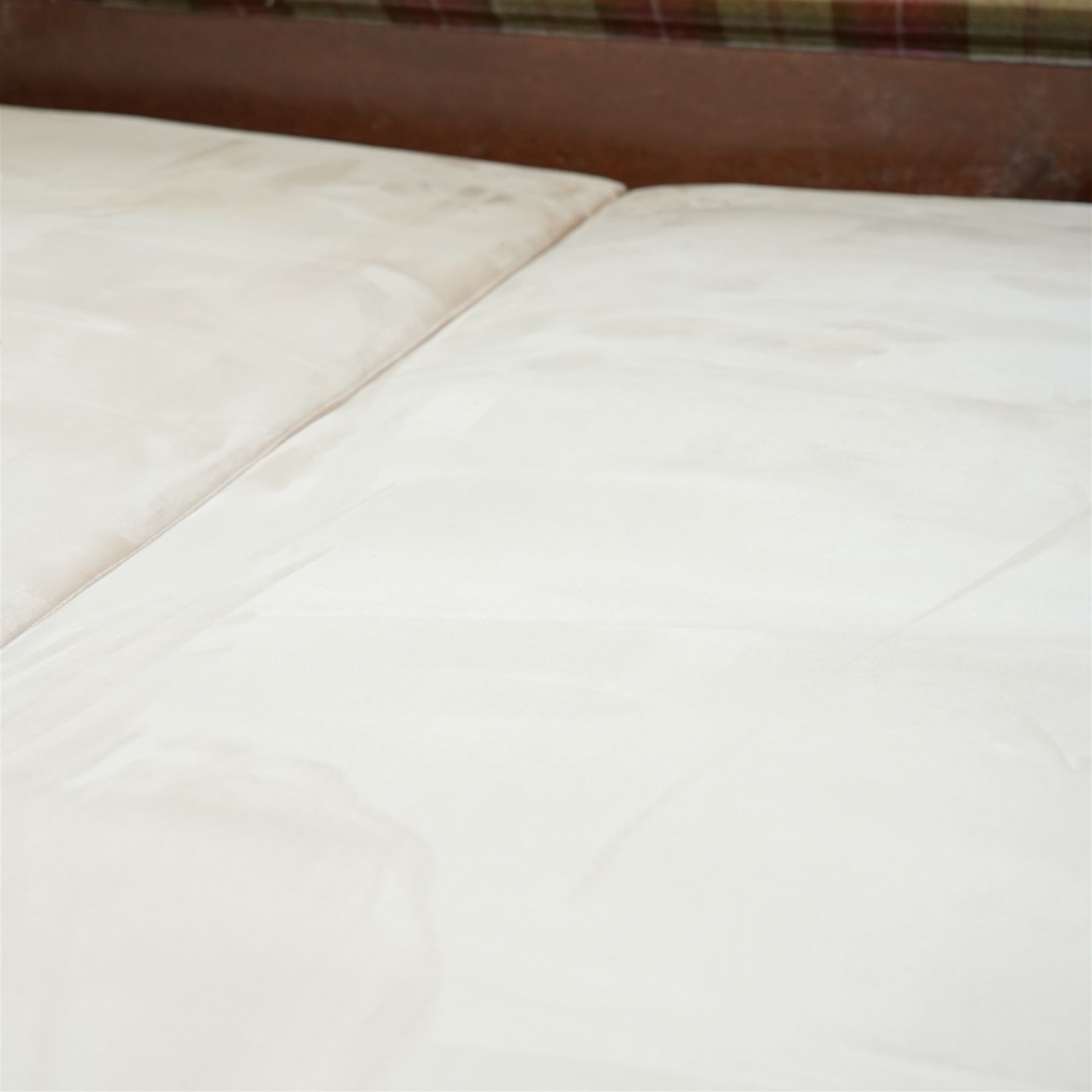And So To Bed - Bonaparte Emperor 7' upholstered and classic Victorian design wood framed, upholstered in chequered pattern fabric with scroll-shaped headboard and footboard, upholstered side rails, with a faux suede divan together with a fitted Vispring Kingsbridge mattress, supported on cabriole legs 