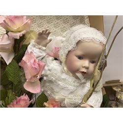 Franklin Heirloom Victorian christening doll, six children's annuals including star Wars annual No.1, Coalport Visiting Day figurine, set of six cut glassl champagne flutes, sliver plated tea service, two carved eagle figures and a collection of other ceramics and glassware, in three boxes