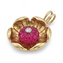 14ct gold ruby and diamond flower head pendant, carved ruby set with a single round brilliant cut diamond, on a 9ct gold trace link chain necklace