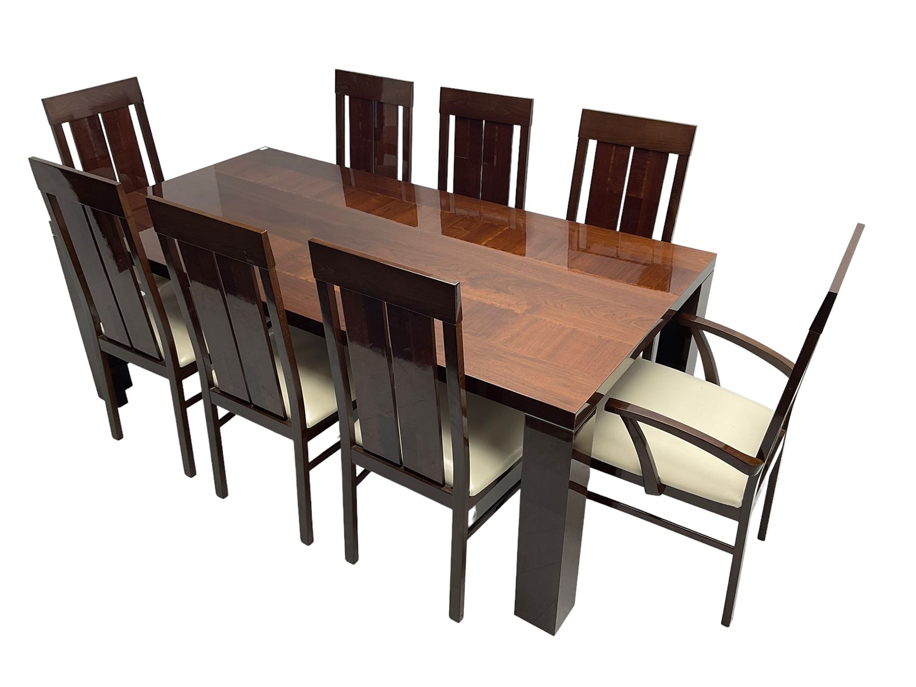 Large American walnut rectangular dining table on square block supports, together with set eight high back dining chairs with cream upholstered seats, the top and chair backs with matching inlaid geometric banding