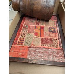 Pair of modern candlesticks in gilt finish, Chinese wooden waste paper basket, box of cutlery and other collectables