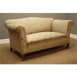  Late Victorian beech framed two seat sofa, traditional shaped with drop arm, sprung seat and back, W150cm, D77cm  