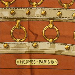 Hermes 'Aux Champs' silk scarf, in ochre and gold colourway, designed by Cathy Latham, 84cm x 86cm 