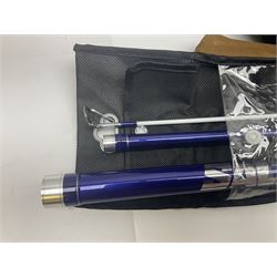 Collection of fishing memorabillia and equipment, including an Allcocks three piece split cane trout fly rod, Shakespeare Salt 3600 surf rod, two tackle bags, Old Red Seastreak multiplier reel, Sportext Saltwater fixed spool reel, fishing dvds, etc