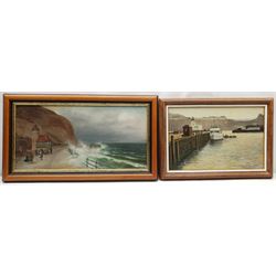 Richard Wood (British 20th century): Scarborough Harbour, oil on board signed and dated '92, 30cm x 46cm; Waves Breaking onto the Marine Drive, 19th century oil on canvas unsigned 29cm x 60cm (2)