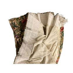 Two pairs of lined curtains, ivory ground fabric decorated with jardinieres of flowers spaced by scroll motifs, W329cm, fall 237cm (2)