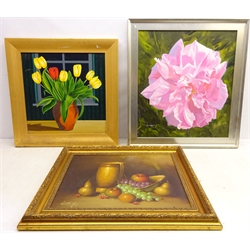  'Damask Rose' and Still Life of Tulips, two 20th century oil on board signed by William Mitchell Ireland and Still Life of Fruit, 20th century oil on canvas indistinctly signed max 57cm x 51cm (3)  