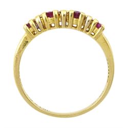 18ct gold marquise cut ruby and round brilliant cut diamond ring, stamped