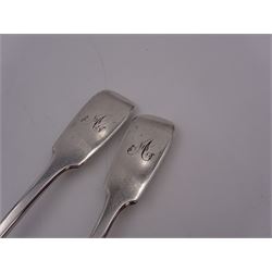 Pair of Victorian silver fiddle pattern table spoons, each with engraved initial to terminals, hallmarked Henry Holland, London 1877