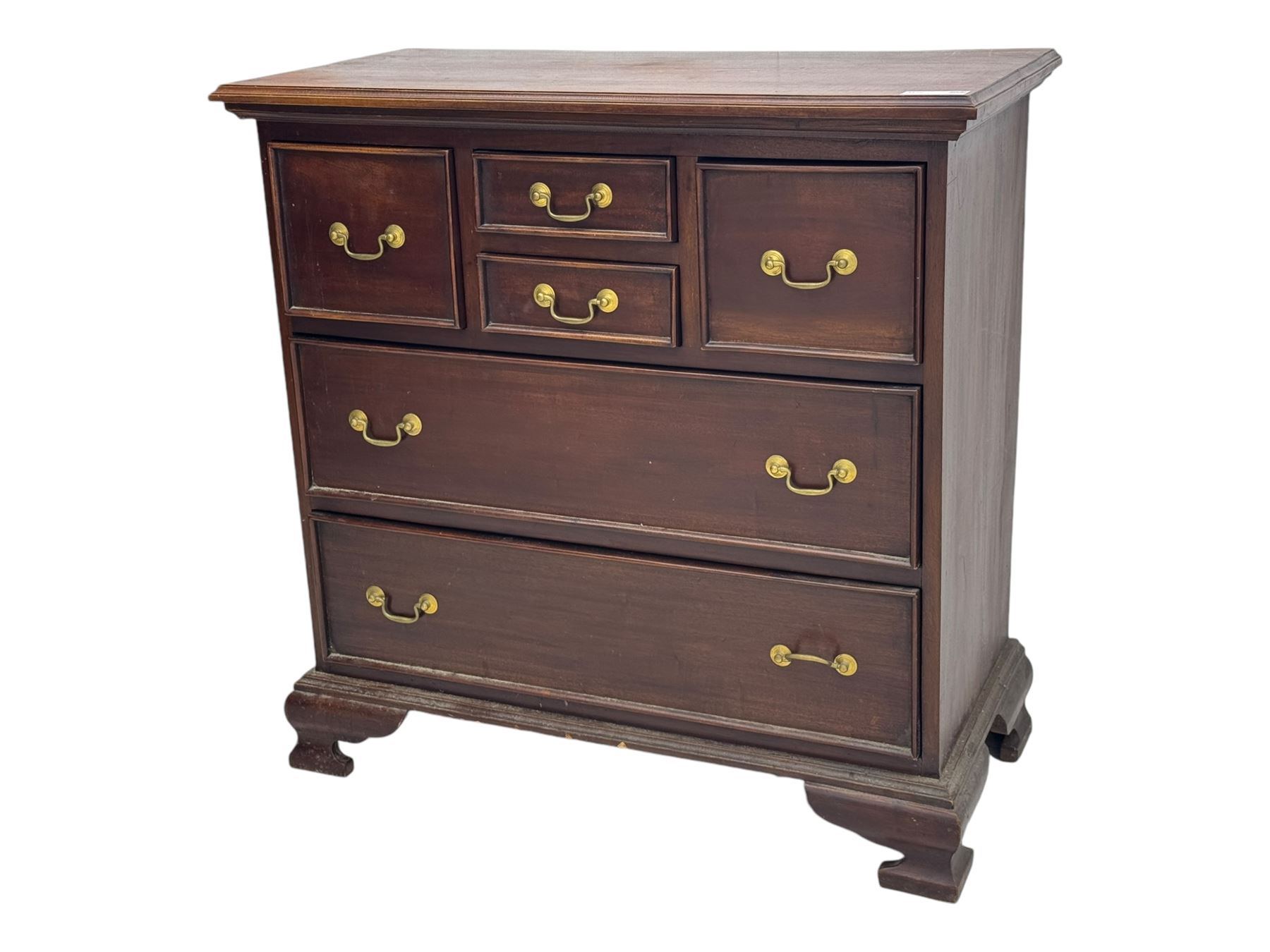 Georgian design mahogany chest, fitted with six drawers, on ogee bracket feet