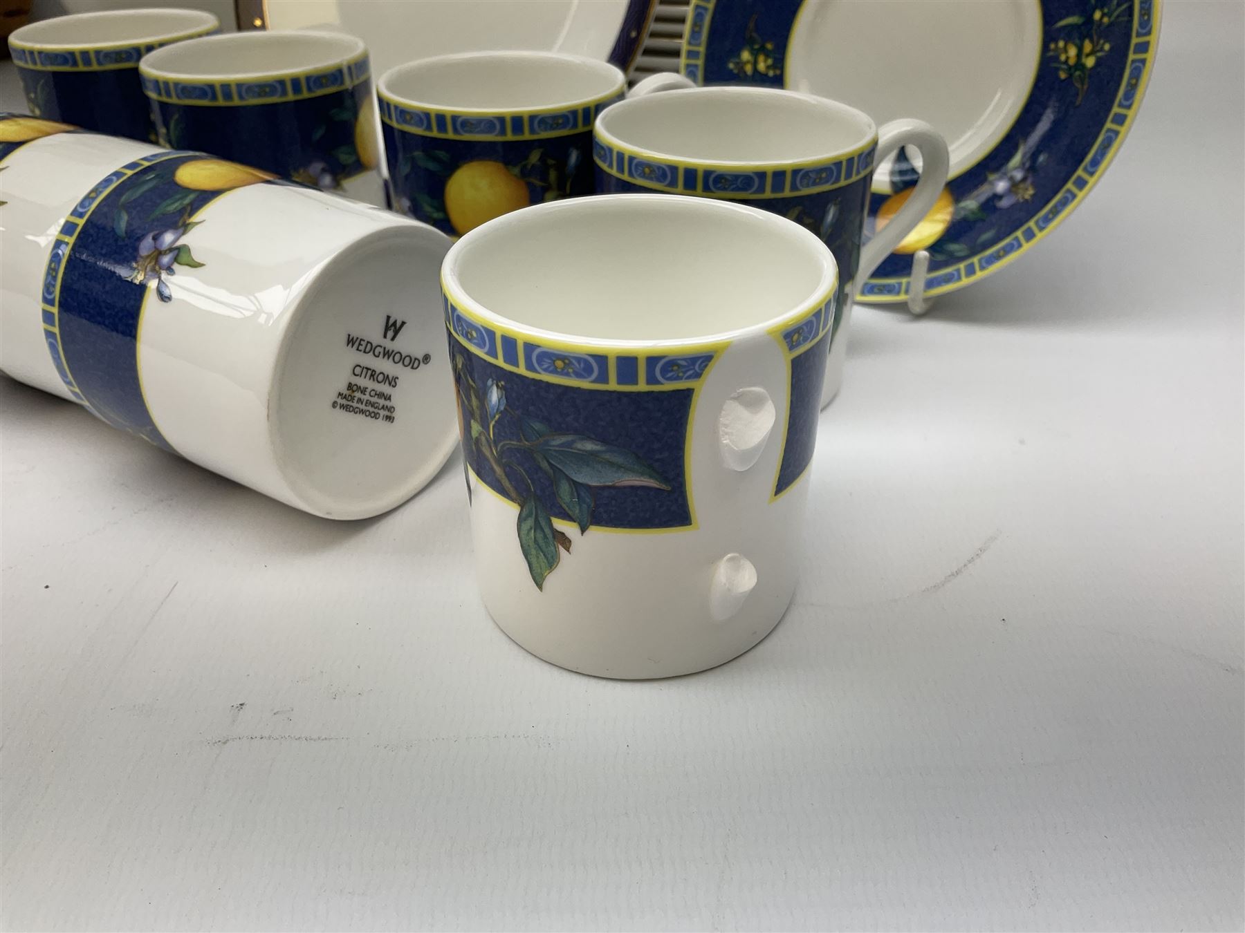 Wedgwood Midnight pattern tea and dinner wares, comprising seven cups and saucers, large jug, eight soup bowls, two large bowls, together with wedgwood citrons coffee wares