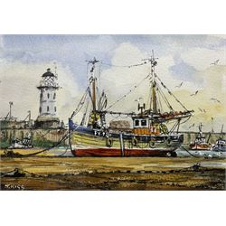 Jack Rigg (British 1927-2023): Fishing Boats in the Harbour at Low Tide, watercolour heightened in white signed 12cm x 18cm