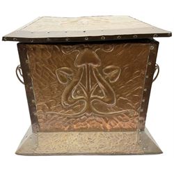 Arts and Crafts copper coal box, of square form with twin curved handles, with hammered finish, and embossed stylised motif to the front and hinged cover, H37cm L40cm D35.5cm