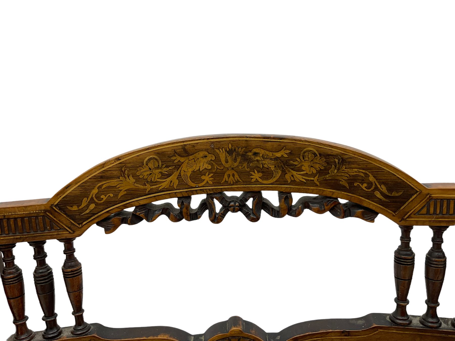 Edwardian inlaid rosewood salon suite, upholstered in red and gold fabric, comprising two seat sofa, pair of tub shaped armchairs, and four side chairs