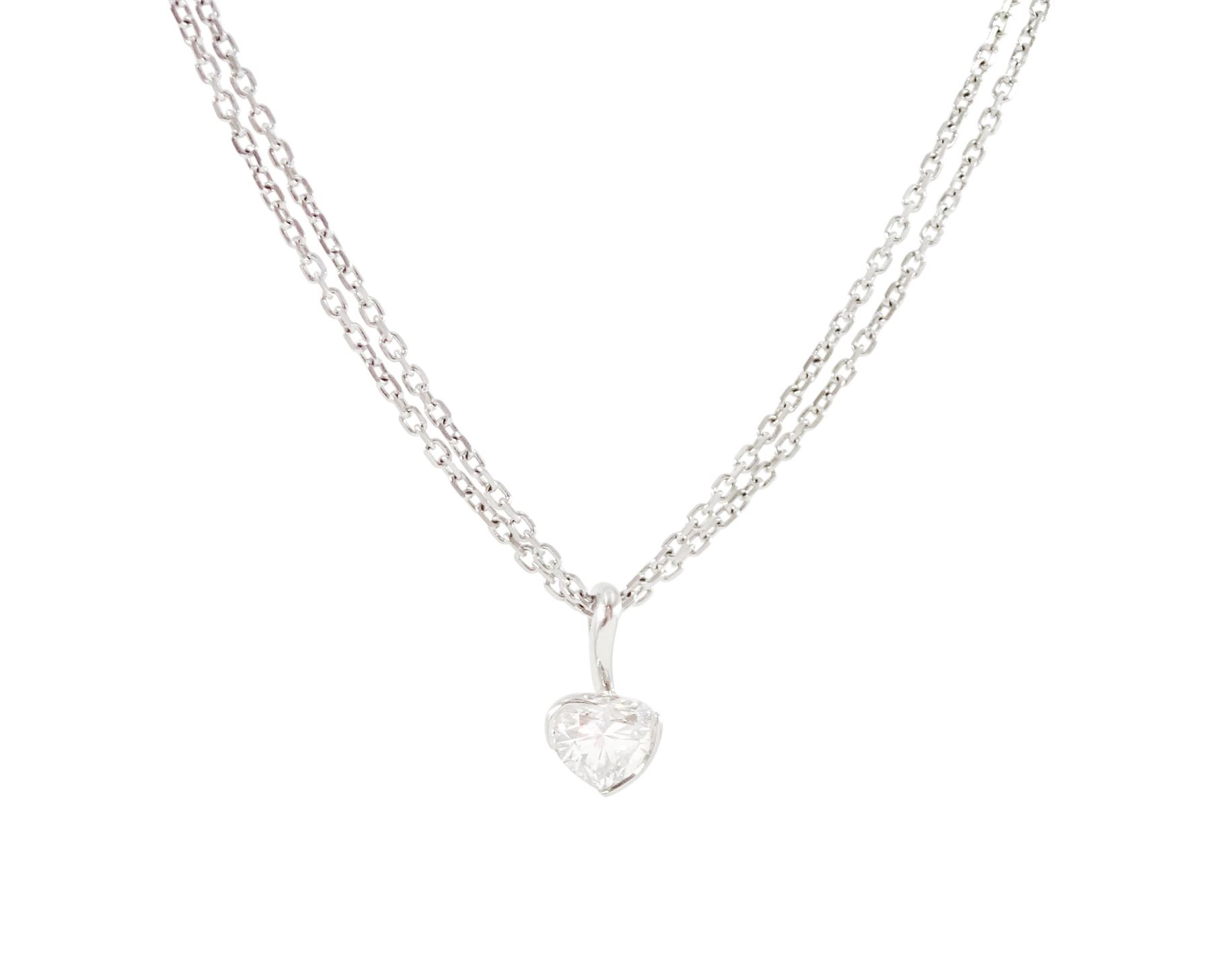 Boodles platinum diamond pendant necklace, single heart cut diamond of approx 0.40 carat, on a double trace link chain necklace, with an 18ct gold Boodles tag