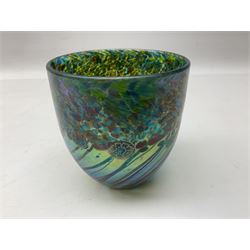 Jonathan Harris glass cup vase in the 'Everglades' pattern, of floral and striped blue, green and purple iridescent design, with etched 'Ironbridge 2004' mark beneath, with box, H11cm
