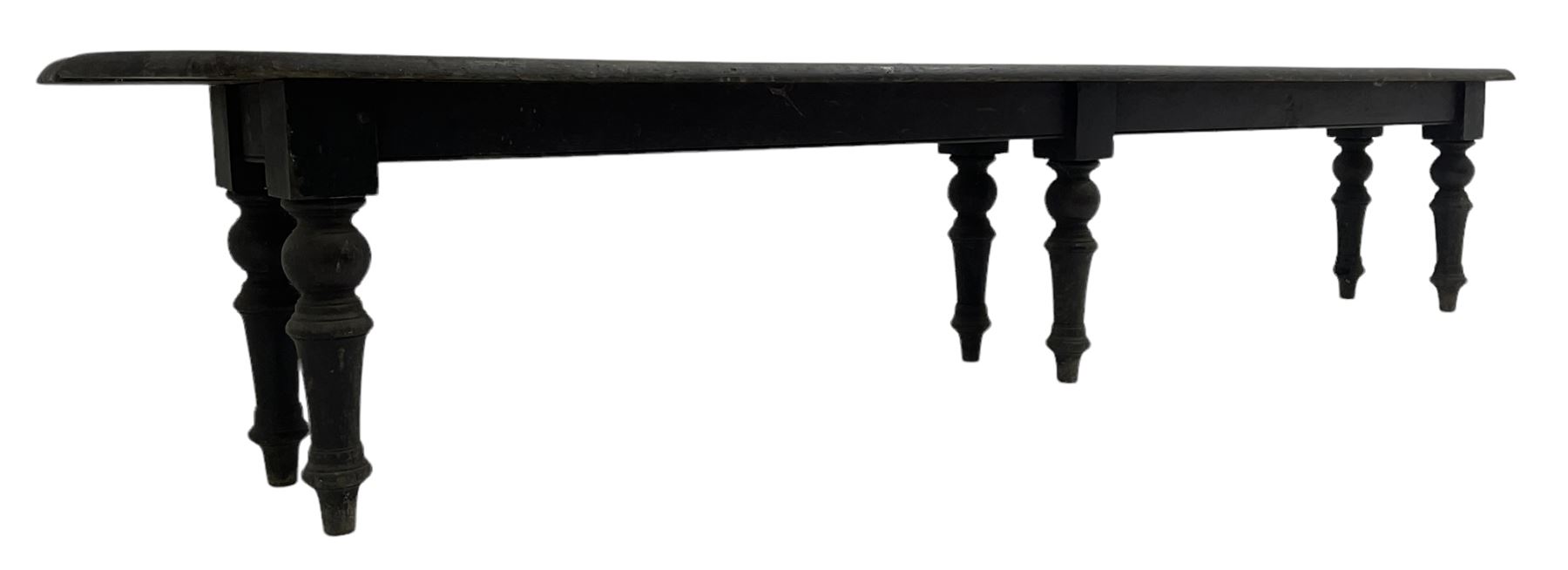Large 19th century stained oak 9' hall bench, rectangular seat with rounded ends on turned supports