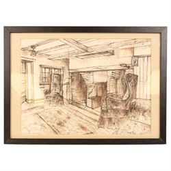 Jill Dickinson (British 20th Century): Interior Scenes, three ink and wash drawings, variously signed and dated '50, 26cm x 36cm (3)